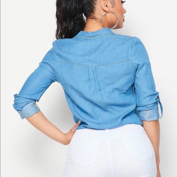 NEW TRENDY LIGHT WEIGHT DENIM CHAMBRAY BUTTON DOWN SHIRT - Picture 8 of 9